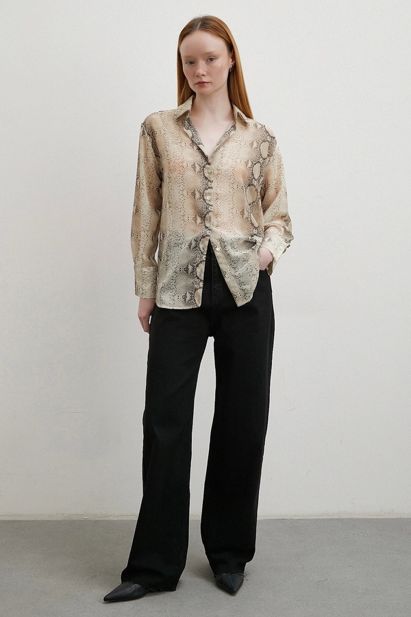 Never more Snake Skin Patterned Tulle Shirt Beige