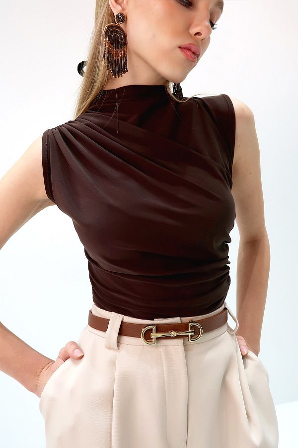 Trend Alaçatı Stili-Hellbrauner Damen-Gürtel mit Goldschnalle ALC-X13388 1