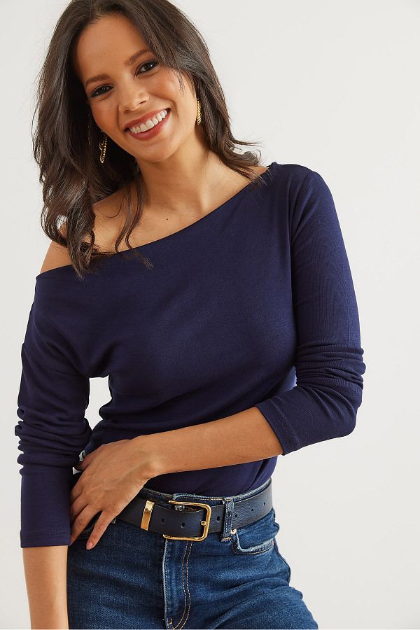 Olalook-Εύκαμπτη μπλούζα Premium Soft Touch Navy Blue - Boat Neck BLZ- 19002448 1