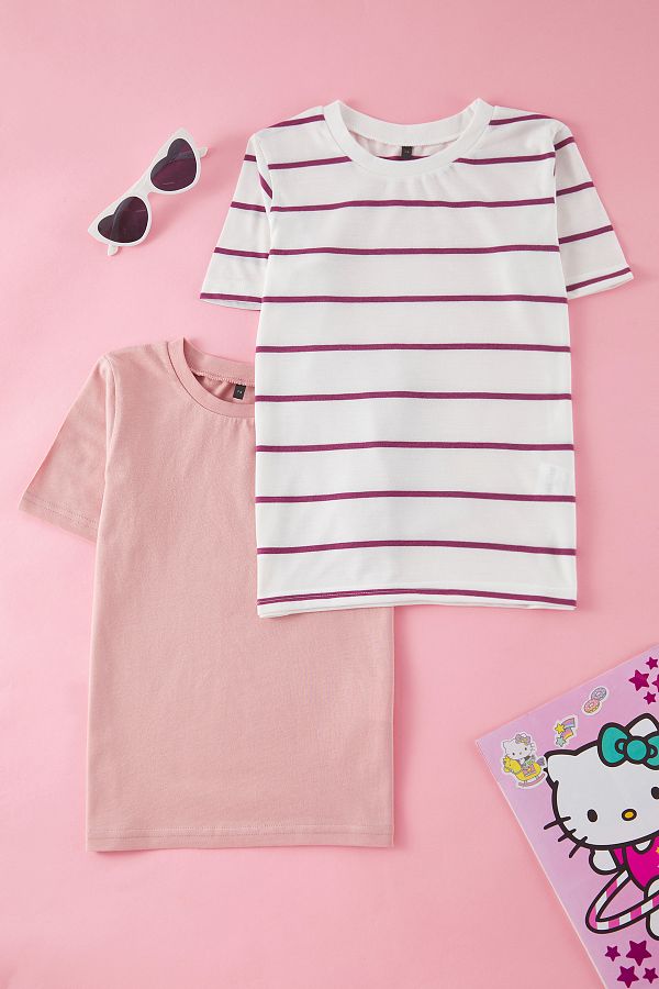 TRENDYOLKIDS-Puder-Ecru 2er-Pack Mädchen-T-Shirts aus 100 % Baumwolle mit normaler Passform und kurzen Ärmeln TKDSS25TS00028 1