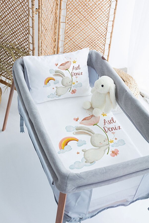 Lilabio %100 Pamuk Saten İsme Özel İsimli 70x120 Park Yatak Nevresim Seti Tavşan