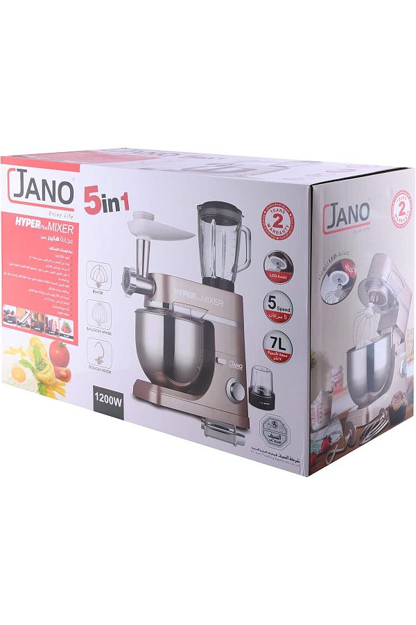 JANO-Hyper Plus Jano 5 in 1 Mixer, 7L , 1200W, Stainless Steel Bowl with 5 Speed ​​Control, LED Light 1