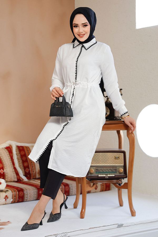Neva Style-White Hijab Tunic with Buttons 10177B 1