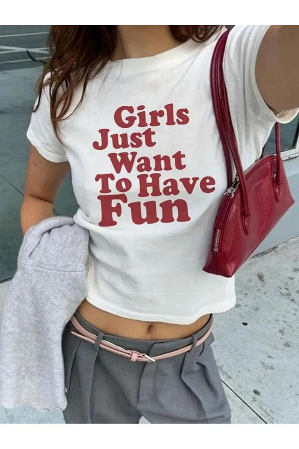 Touz Moda-Bluză crop cu imprimeu cu slogan lungime curea 1