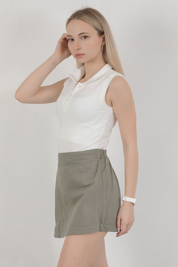 GİYSA-Khaki Women's Shorts Skirt - Elastic Waist and Side Zip - 4411 1