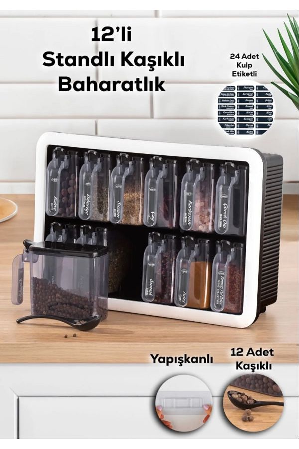 BEYAZKULE HOME-Set of 12 Spice Jars with Self-Adhesive Stand Labels Storage Container Spice Rack 1