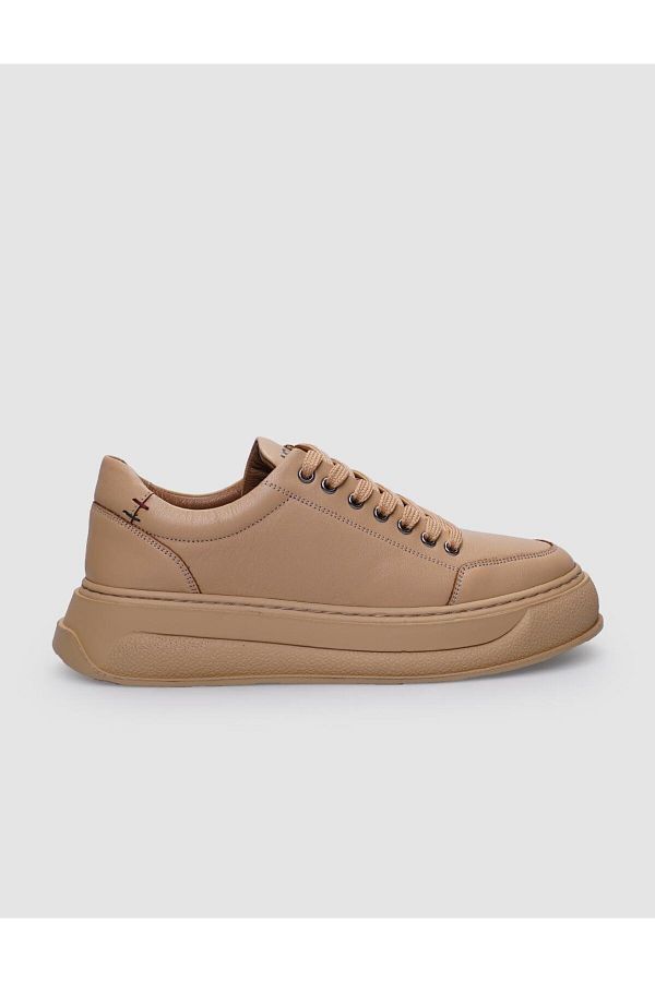 Cabani-Beige Women's Sneakers - 100% Genuine Leather, Lace-up 1