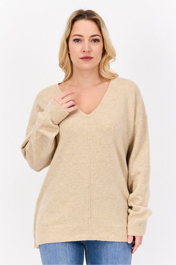 Esprit-Women V-neck Textured Sweater, Beige 1