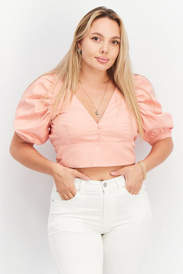Bardot-Women V-Neck Puff Sleeves Plain Crop Top, Peach 1