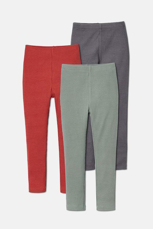 Tchibo-Kids Girl 3 Pieces Ribbed Leggings, Grey and Rust and Olive 1