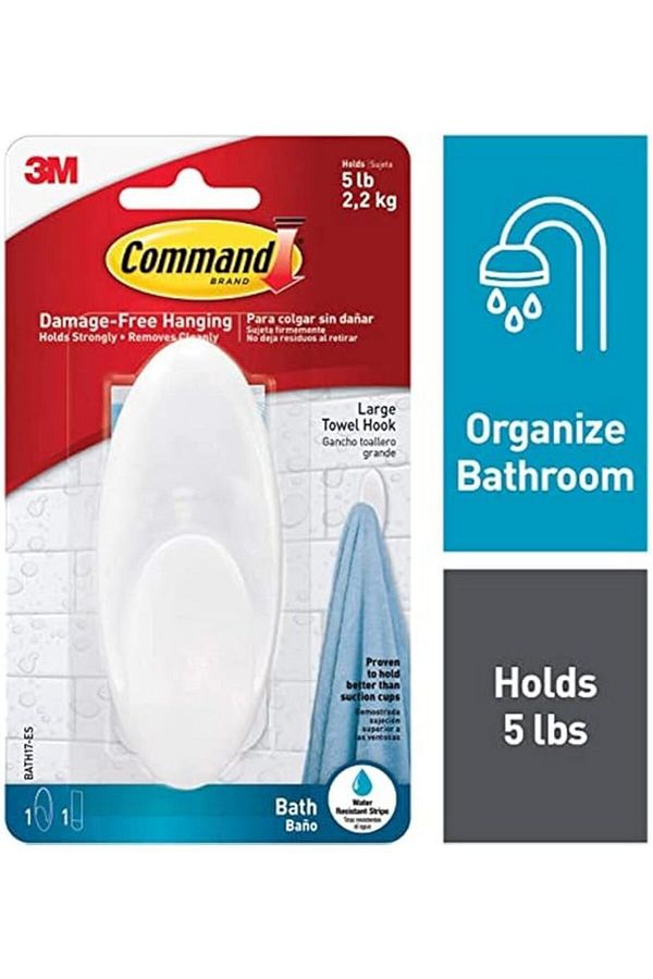 COMMAND-3M COMMAND™ TOWEL HOOK WITH WATER-RESISTANT STRIPS LARGE BATH17 CLEAR FROSTED 1HK+2S/PK 1