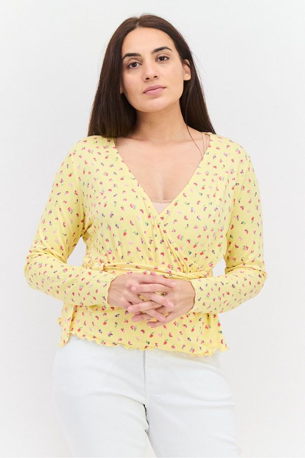 Asos Design-Women Surplice Neck Long Sleeve Floral Printed Top, Yellow Combo 1