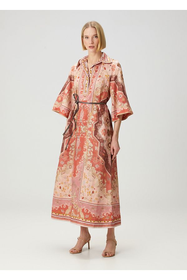 Zimmermann-Wylie Orange Wrap Print Midi Linen Dress Size: 3 1