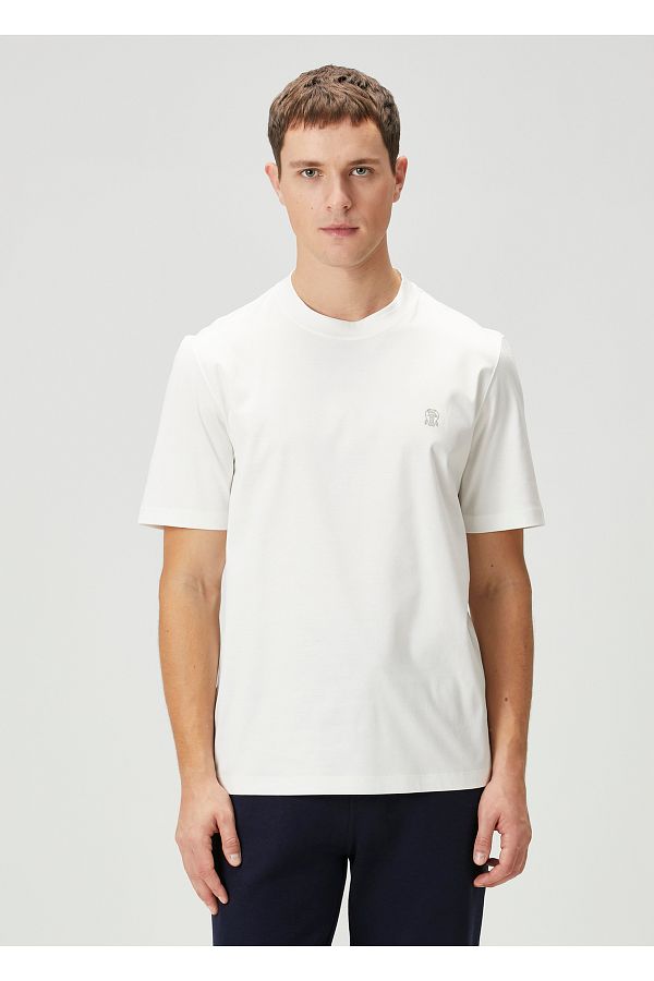 Brunello Cucinelli-White Logo Embroidered T-Shirt Size: S 1