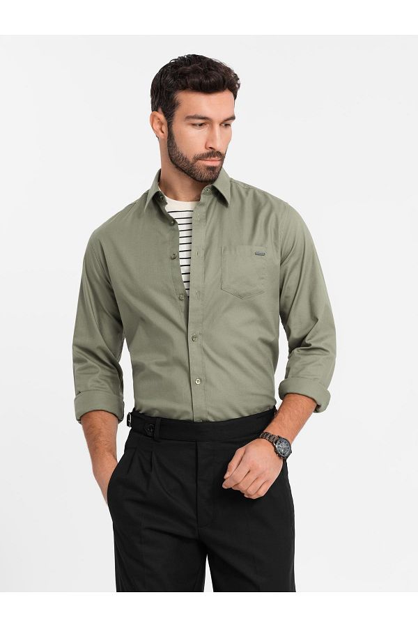 OMBRE-Herren Baumwollhemd mit Tasche REGULAR FIT - oliv V2 OM-SHCS-0147 XL 1
