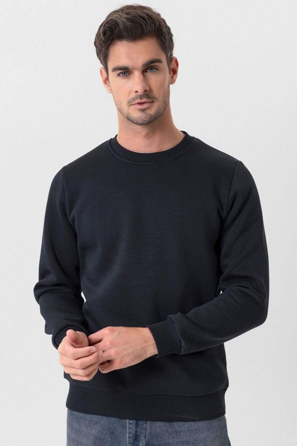 Escetic-Navy Blue Thick Fleece Inside O Neck Regular Fit Winter Men's Sweatshirt T0136 1