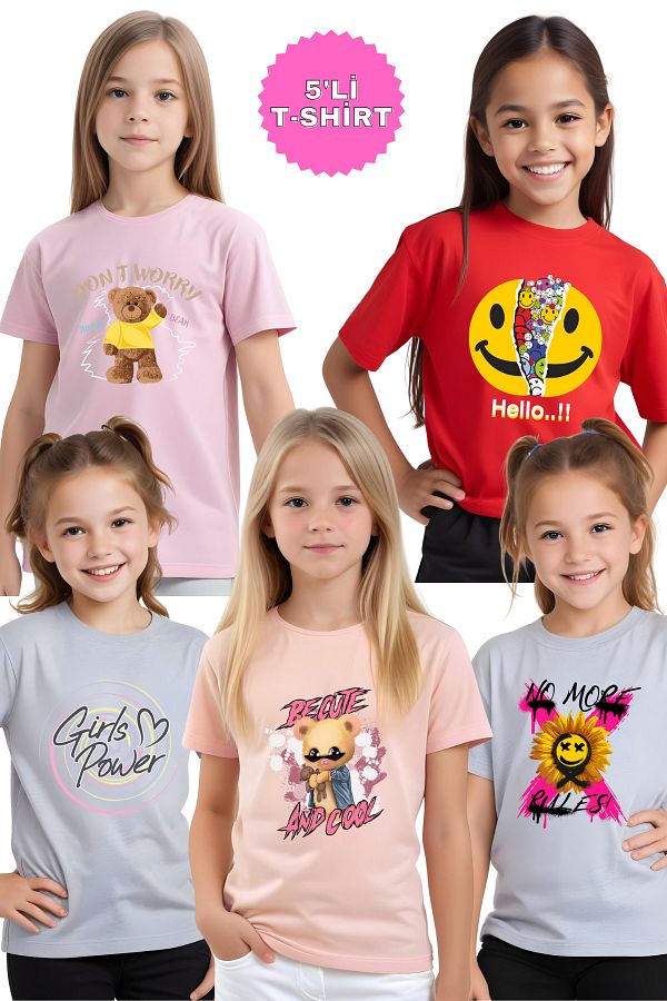 FYK COLLECTİON-Pachet de 5 tricouri pentru fete - No More Emoji, imprimeu Cool Worry 1