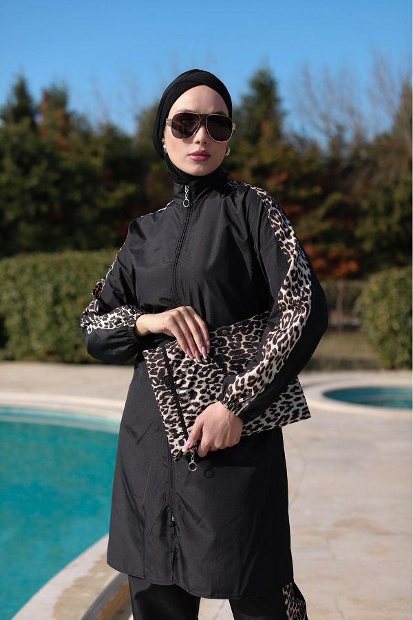dilber fashion-Leopard Pattern Hijab Swimsuit with Bone and Bag Gift, Elastic Waist and Zipper 1