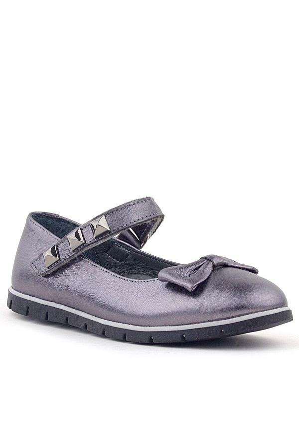 Rakerplus-Genuine Leather Platinum Velcro Metal Detailed Girls' Ballerina Shoes 1