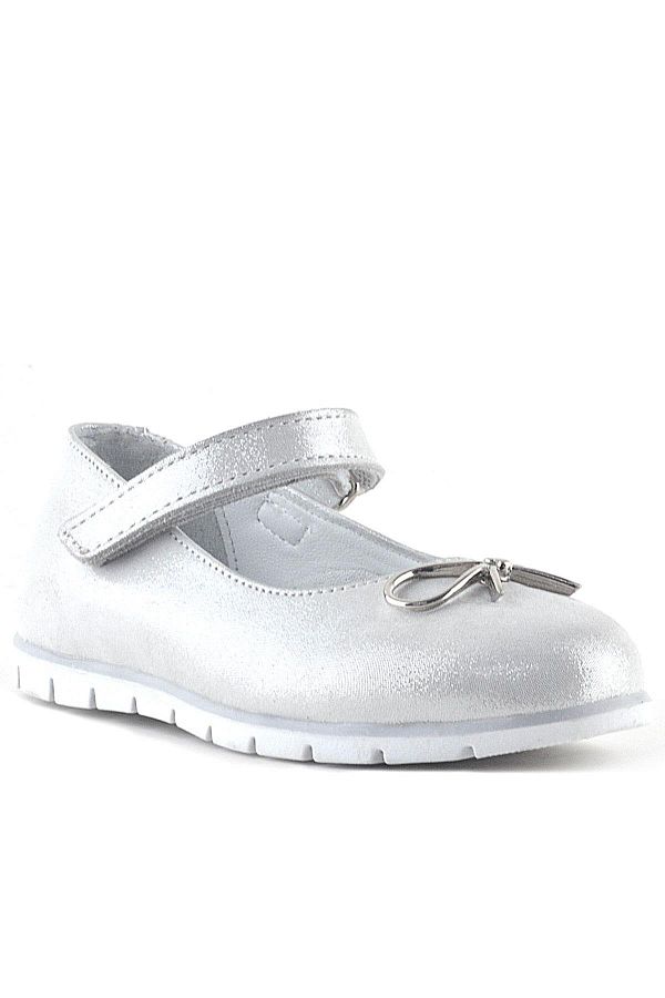 Rakerplus-Genuine Leather Silver Velcro Ribbon Detailed Girls' Ballerinas 1