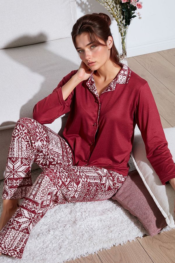 Lela-Apash Collar and Print Regular Fit Wide Leg Pajamas Set - Elastic Waist 65714300 1