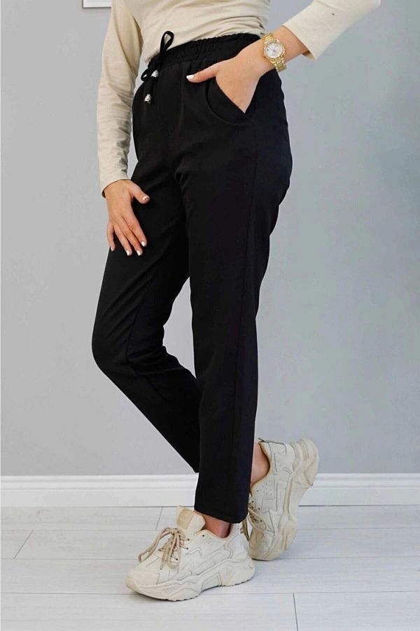 PALAZZO-Women's Black Carrot Cut Elastic Waist Trousers 1