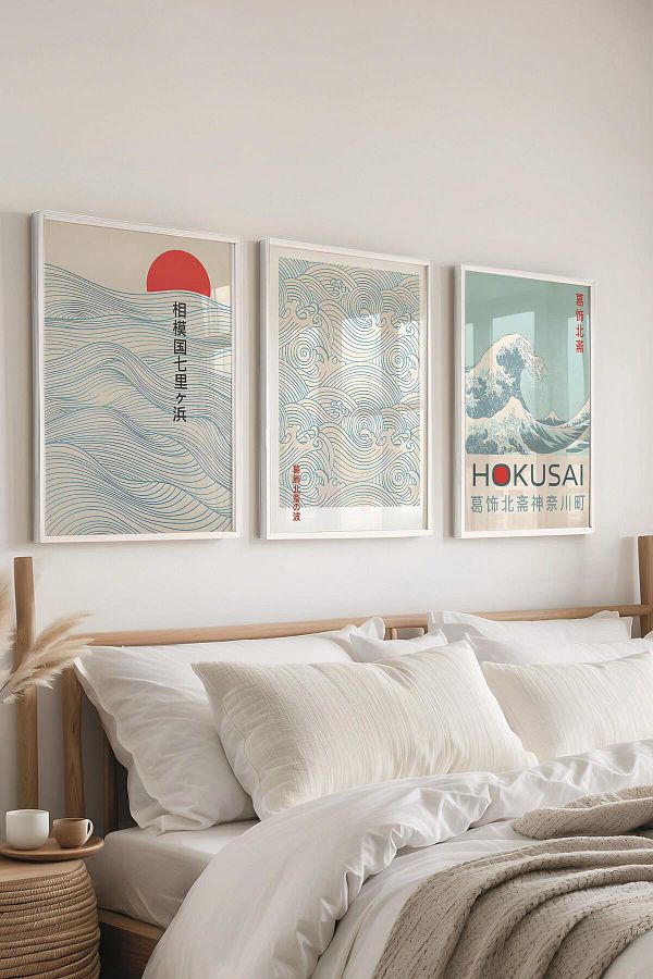 Postifull-Σετ ζωγραφικής με λευκό πλαίσιο, μπλε Hokusai Wall Painting, 3 τεμ. Σετ αφίσας, No:300741 1