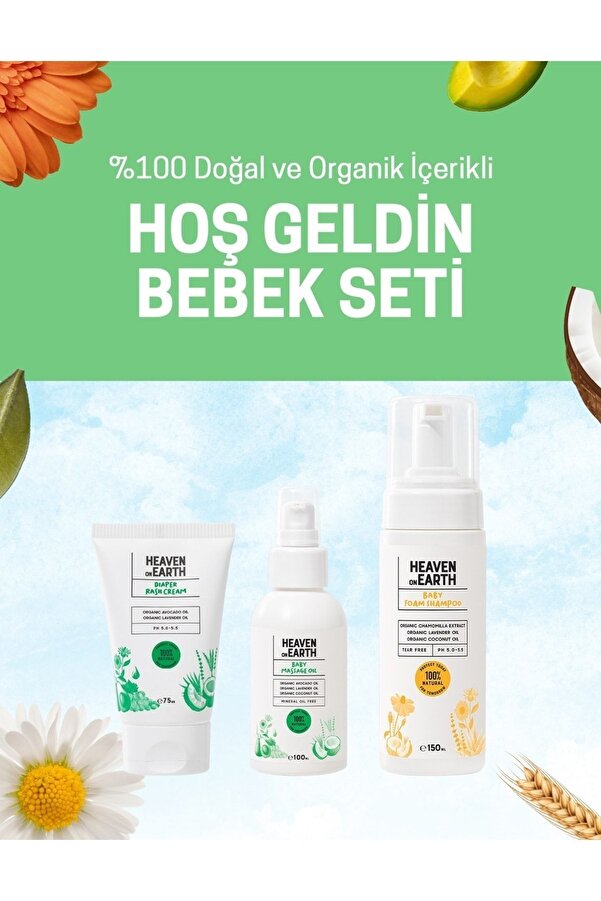 Heaven on Earth Pişik Kremi, Bebek Masaj Yağı, Köpük Şampuanı %100 Doğal Organik Vegan Içerikli Hoşgeldin Bebek Seti