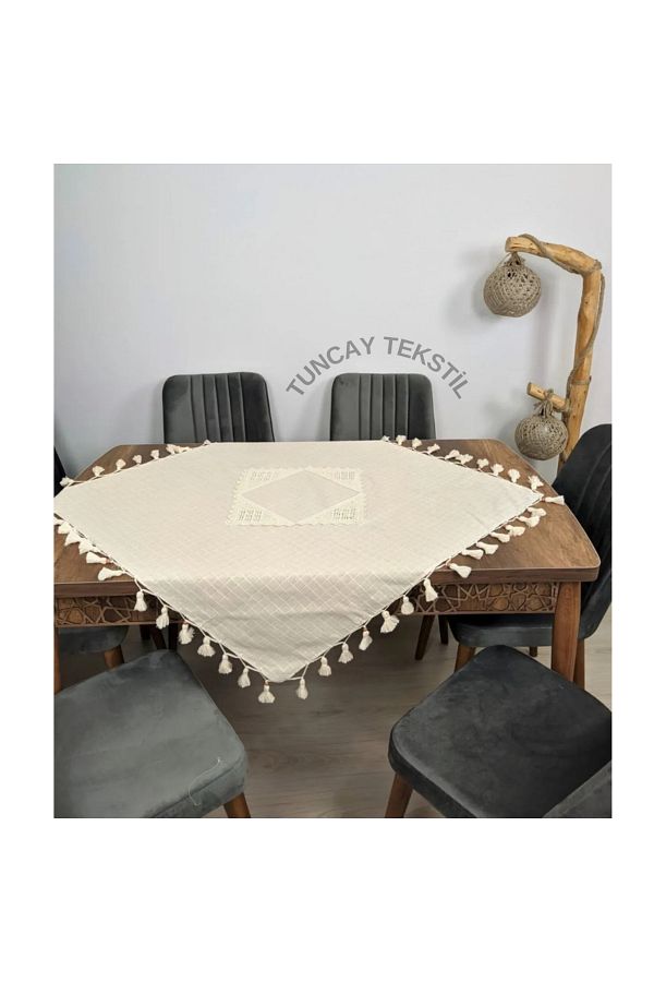 TUNCAY TEKSTİL-Hand Lace Hand Tied Fringed Tasseled Fiskos Square Cover Cloth Finding Linen Small Tablecloth 1