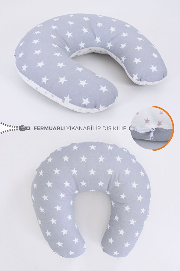 Umaybebek Pamuklu Emzirme Yastığı Minderi, Pamuk Kumaş - Açık Gri Bebepembe Baskılı