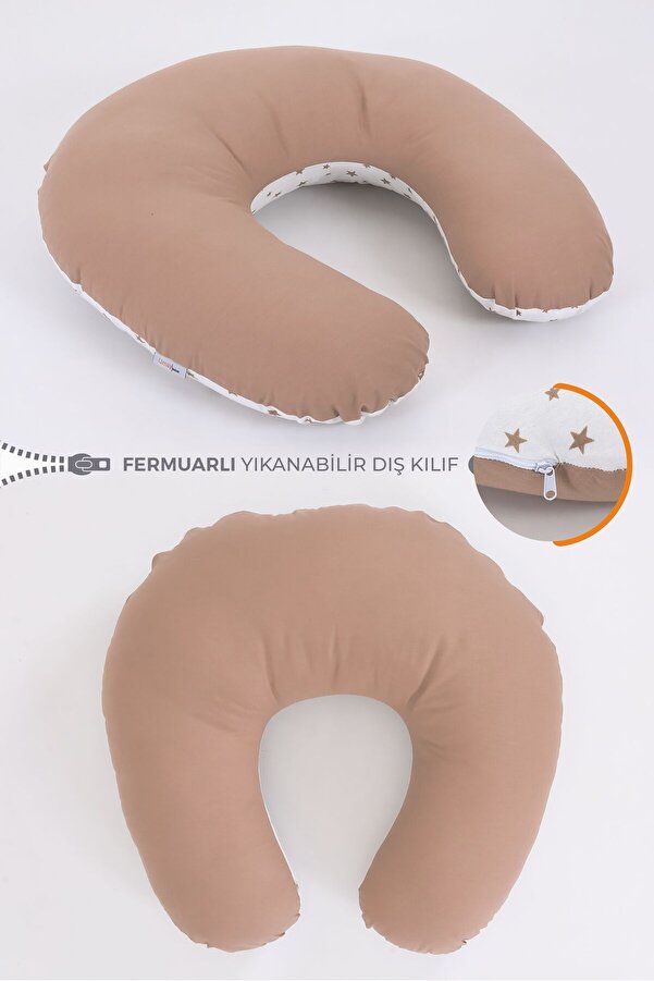 Umaybebek Çift Taraflı Emzirme Yastığı Bebek Destek Minderi Hamile Yastığı %100 Pamuk - Bebek Kahve Yıldız