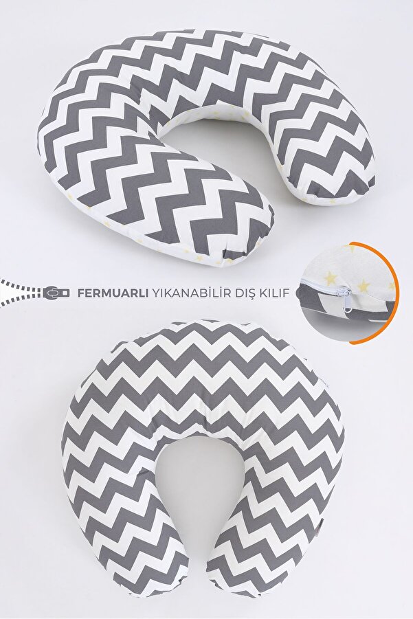 Umaybebek Emzirme Yastığı Minderi, Pamuk Kumaş - Gri Zikzak