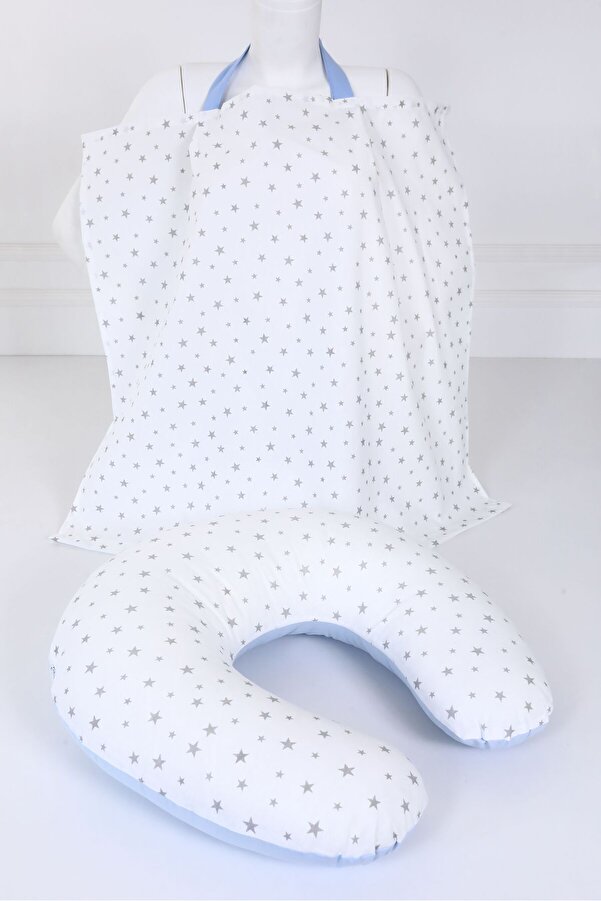 Umaybebek Emzirme Yastığı, Emzirme Önlüğü Set - Pamuklu Kumaş - Mavi Küçük Yıldız
