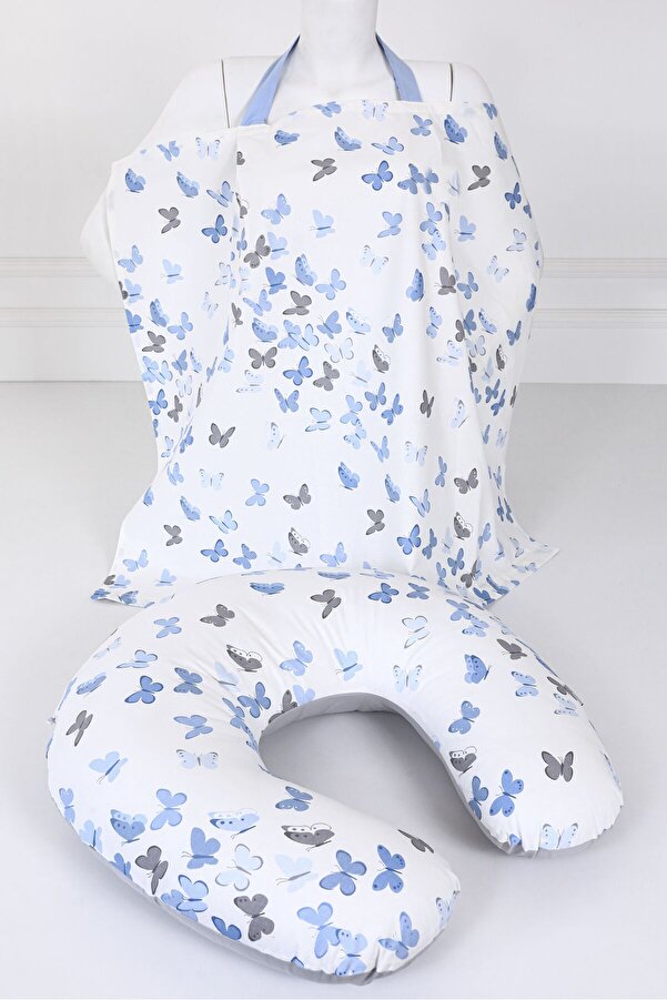 Umaybebek Emzirme Yastığı, Emzirme Önlüğü Set - Pamuklu Kumaş - Mavi Kelebek