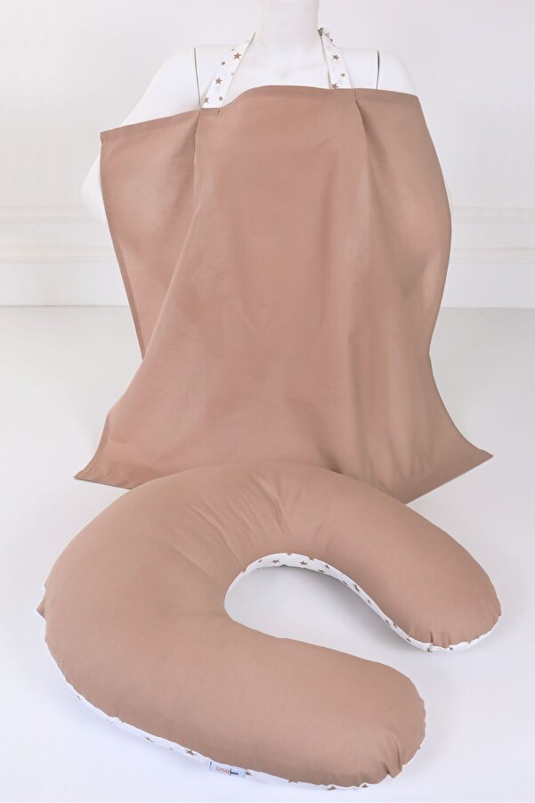 Umaybebek Emzirme Yastığı, Emzirme Önlüğü Set - %100 Pamuk - Kahve Yıldız