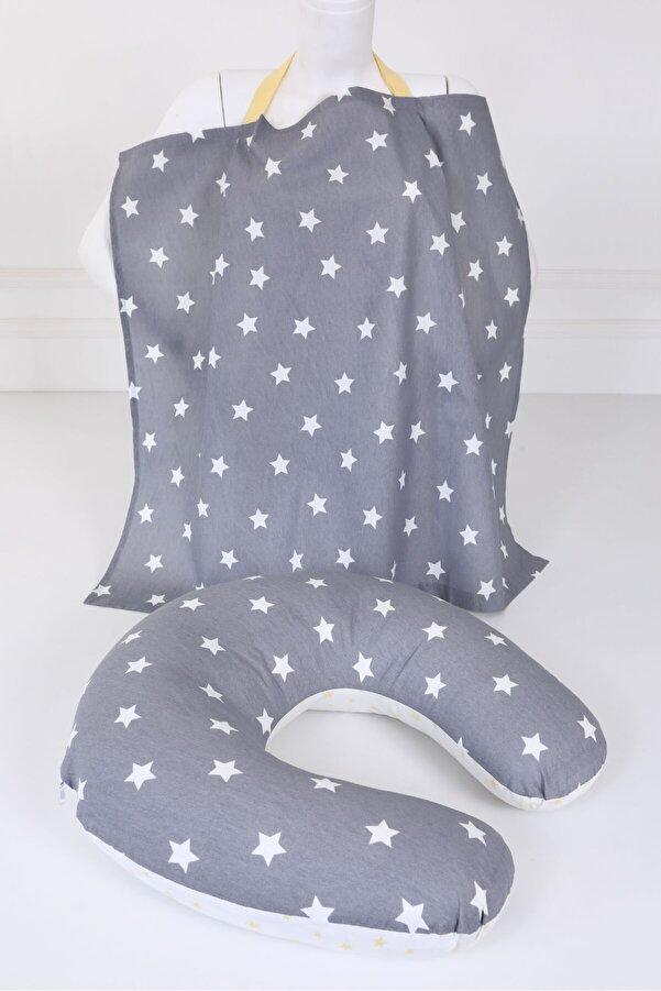 Umaybebek Emzirme Yastığı, Emzirme Önlüğü Set - Pamuklu Kumaş - Koyu Gri Sarı