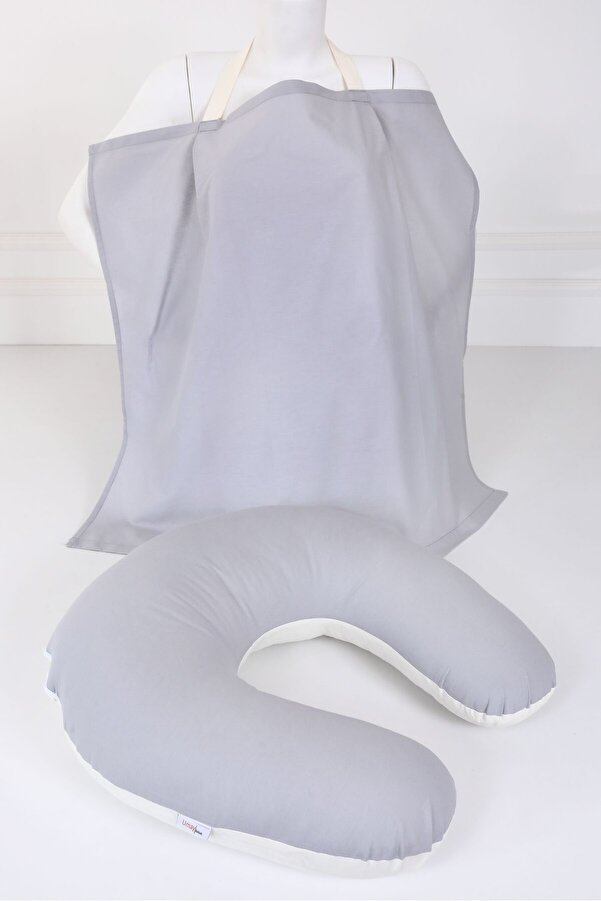 Umaybebek Emzirme Yastığı, Emzirme Önlüğü Set - Pamuklu Kumaş - Gri Krem