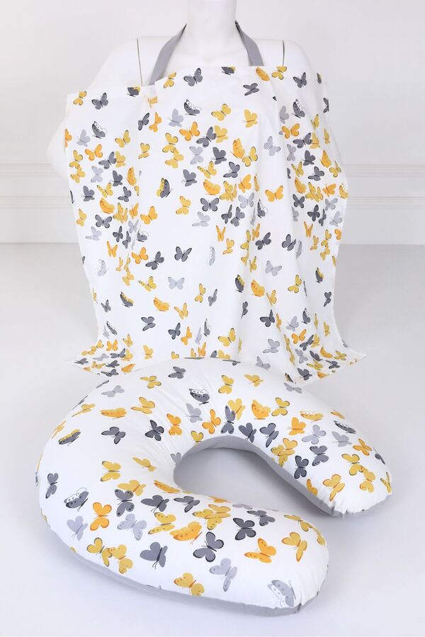 Umaybebek Emzirme Yastığı, Emzirme Önlüğü Set - Pamuklu Kumaş - Sarı Gri Kelebek