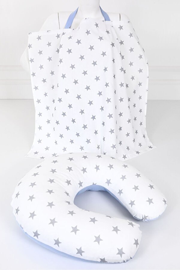 Umaybebek Emzirme Yastığı, Emzirme Önlüğü Set - Pamuklu Kumaş - Mavi Beyaz Yıldız