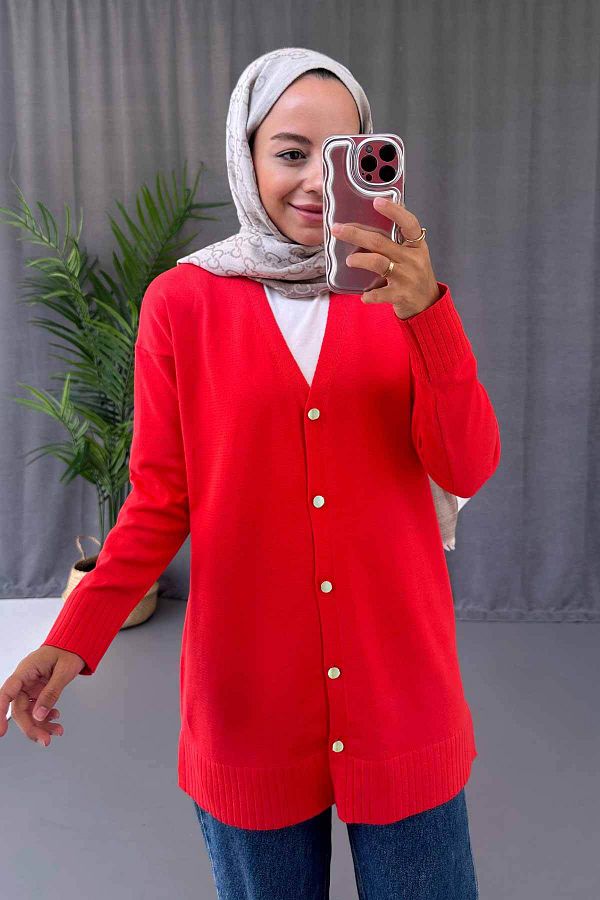 Ka Hijab-كارديجان مرسيريزد بفتحة جانبية ورقبة على شكل حرف V - أحمر 1