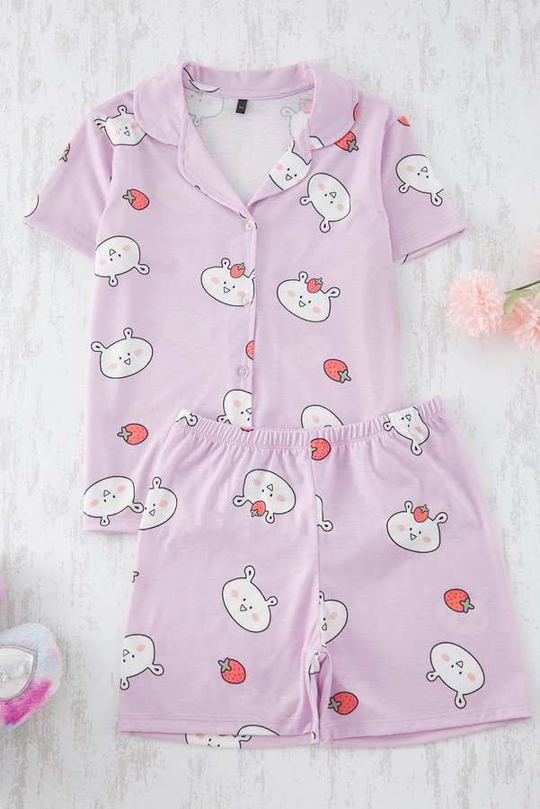 TRENDYOLKIDS Lilac Girl's Animal Printed Shirt Collar Bottom Top Pajamas Set Tkdss25Pt00001