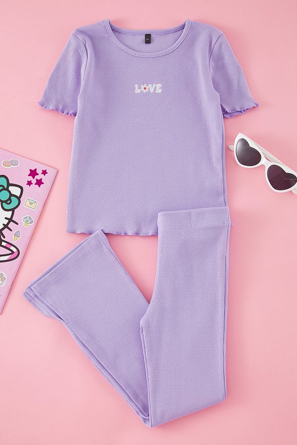 TRENDYOLKIDS-Set aus besticktem Baumwoll-T-Shirt und Leggings für Mädchen in Flieder – TKDSS25AU00020 1