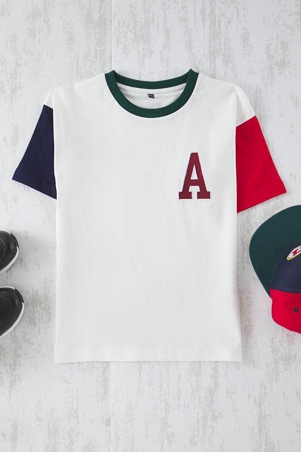 TRENDYOLKIDS-Dětské vyšívané pletené tričko Ecru Color Block Unisex TKDSS25TS00066 1