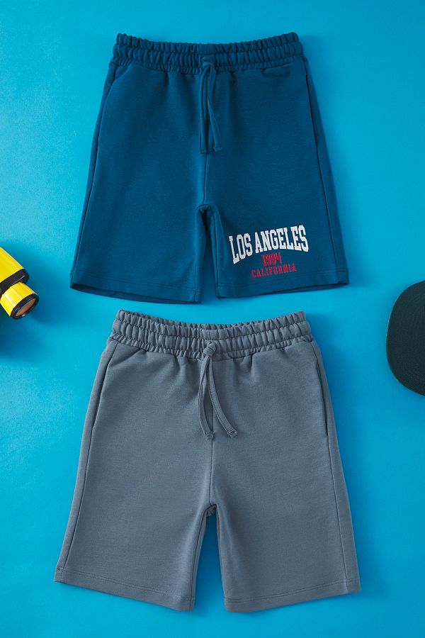TRENDYOLKIDS-Pachet de 2 băieți albastru-antracit, 100% bumbac, pantaloni scurți tricotați cu talie elastică TKDSS25SR00004 1