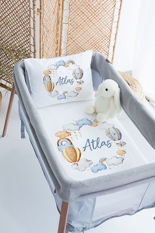 Lilabio %100 Pamuk Saten İsme Özel İsimli 70x120 Park Yatak Nevresim Seti Balonlar