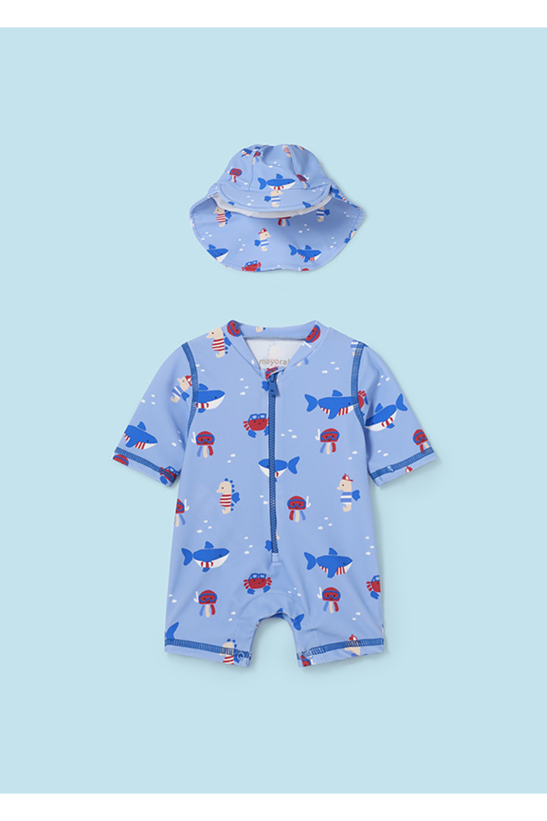 Mayoral Yazlık Erkek Bebek Tulum Mayo Şapka Set Mavi