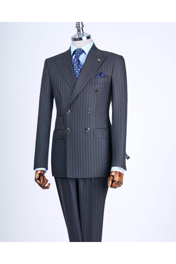 TerziAdemAltun Italian Style Slim Fit Striped Double-Breasted Jacket Trousers Suit Anthracite T13197