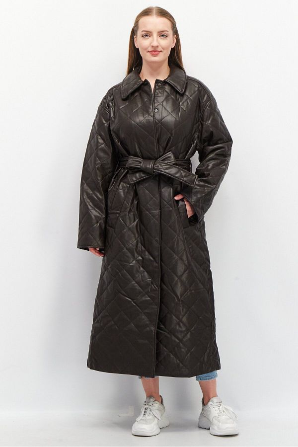 Asos Design-Women Quilted Faux Leather Trench Coat, Dark Brown 1