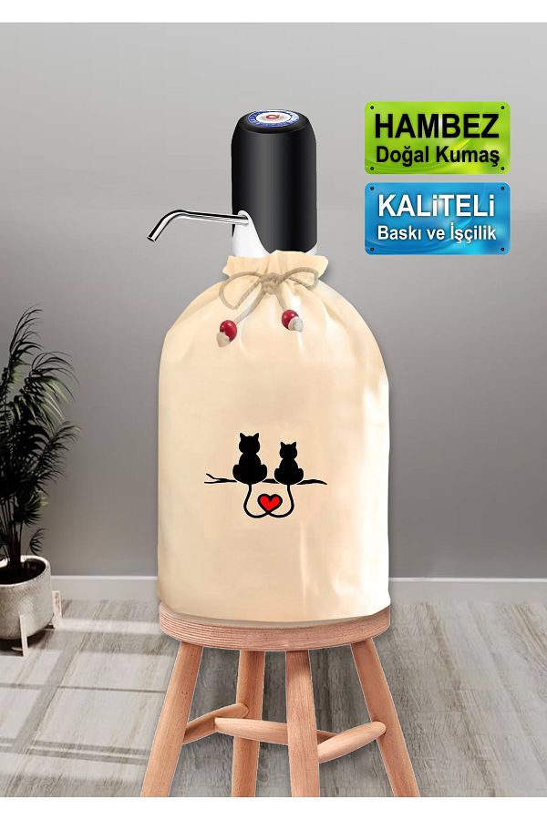 enmalife-Two Cats Heart Printed Decorative Bottle Sheath - Natural Hambez Drawstring and Drawstring Washable 1