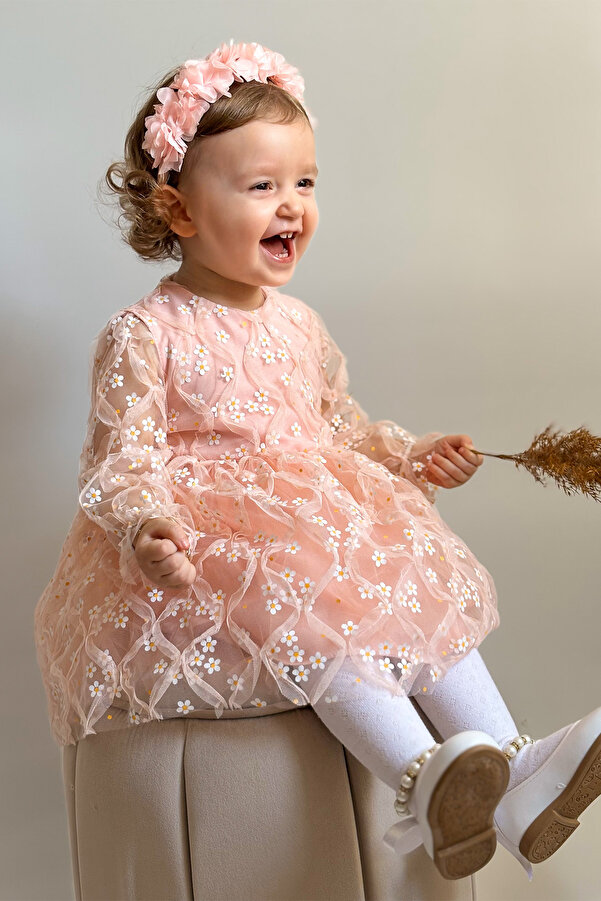 ALYRA Kız Çocuk Bebek Uzun Kollu Papatyalı Çiçekli Tüllü Doğum Günü Düğün Parti Özel Gün Bayramlık Elbise